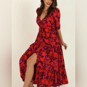 Anthropologie Abel the Label Floral V-Neck Shift Dress - Pink and Red XS